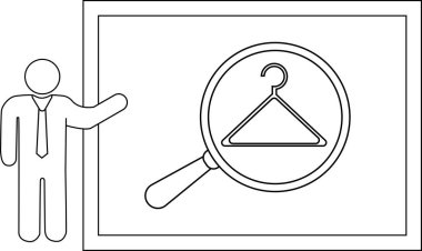 Büyüteç altında askı çerçeveli resim sunan çubuk figürü