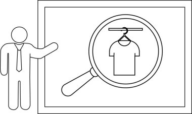 Çubuk figür çerçeveli bir görünüm sunar. Askıdaki bir gömlek büyüteçle görülür.