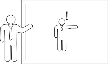 Bir sunucu, kafasının üstünde ünlem işareti olan bir figürü gösteren bir beyaz tahtaya işaret eder.