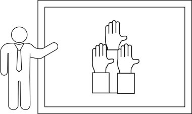 Bir çöp adam kaldırılmış elleri gösteren beyaz bir tahtaya doğru hareket eder.