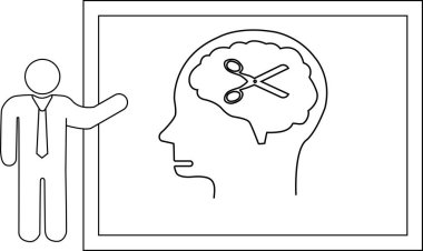 Bir insan, beyaz tahtada beyninde bir makas sunar.