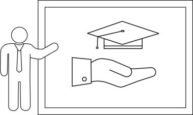 Boş bir arkaplana karşı mezuniyet şapkası tutan bir eli resmeden bir resme işaret eder.