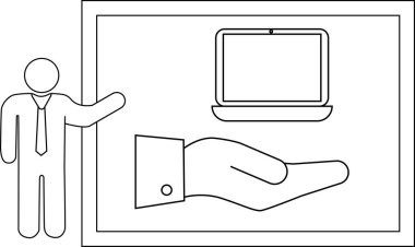 Bir sunum bir elin üzerinde bir dizüstü bilgisayar gösterir. Bir sunucu kolu açık bir şekilde soldadır.