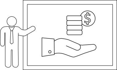 Bir sunucu ekranda bir elin üzerinde bir yığın bozuk para sergiliyor