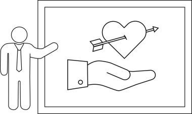 Adam, bir çerçevenin içindeki okla delinmiş kalbi tutan eli işaret eder.