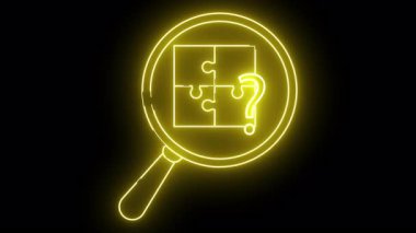 Parlayan sarı bir çizgi, 4 parçalı yapbozu inceleyen bir büyüteç ve siyah arka planda bir soru işareti gösteriyor.