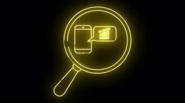 Bir akıllı telefon grafik simgesinin parlak sarı çizgileri siyah bir arkaplanda büyüteç