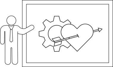 Bir adam, çerçeve içinde okla delinmiş bir kalp çizimi sunar.