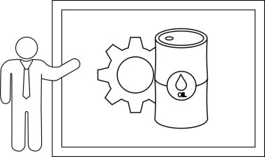 Çerçevenin içindeki yağ varilini gösteren bir kişi. Hepsi bir çizgi çizerek resmedilmiş.