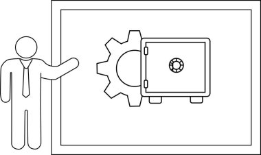 Çubuk adam arkasında teçhizatı olan bir kasa sunar.