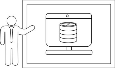 Çizgi çizen kişi, beyaz arkaplana karşı siyah ile çizilmiş bozuk para yığınını görüntülemek için yanında takım elbiseli.