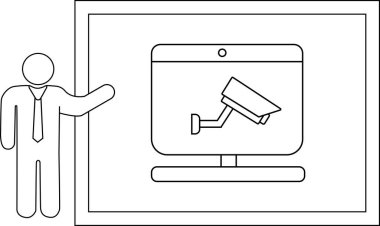 Kostüm içindeki çubuk figürü, çerçeve içinde güvenlik kamerası görüntülemesini izlemek için hareket