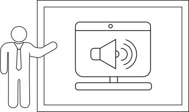 Bir hoparlör simgesini gösteren bir ekranın yanındaki çöp adam sunucusu