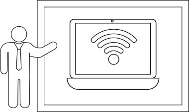 Bir diyagram, Wi-Fi sembolü çerçeveli bir dizüstü bilgisayara doğru hareket eden bir figür tasvir eder