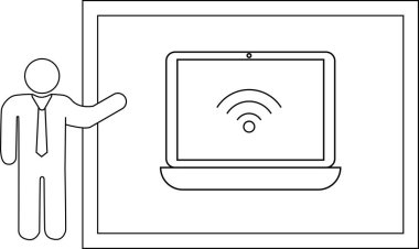 Çerçevelenmiş bir dizüstü bilgisayarın WiFi sembolünü gösteren bir çizgi çizimi