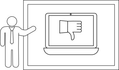 Basitleştirilmiş bir taslak, başparmak simgesi olan bir ekrana doğru hareket eden bir sunucu tasvir eder