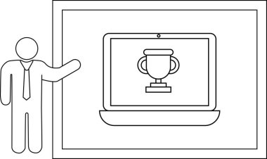 Çerçevenin içinde bir kupa gösteren dizüstü bilgisayar sunan bir çöp adam.
