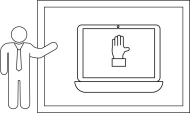 Çubuk figürü, kenarlık çerçeveli bir el simgesi ile dizüstü bilgisayar ekranı sunar