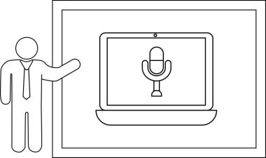 Ekranında mikrofon simgesi olan bir dizüstü bilgisayar sunan adam
