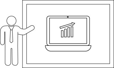 Adam çerçevelenmiş bir tahtada yükselen bir çizelgeyle dizüstü bilgisayarı işaret ediyor.