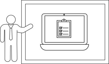 Kontrol listesini gösteren dizüstü bilgisayara işaret eden çöp adam sunumu