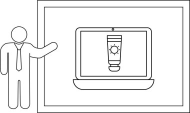 Bir şekil, her elementi tanımlayan kalın hatlı beyaz bir arkaplana karşı bir güneş kremi tüpü gösteren bir ekranın yanında durur.