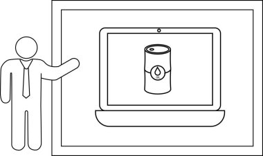 Bir kişi, sınır çerçevesi içinde yağ varilini gösteren bir dizüstü bilgisayar sunar.