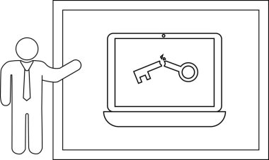 Dikdörtgen bir çerçeve içindeki bozuk bir anahtar setini gösteren dizüstü bilgisayarın el hareketlerini belirle
