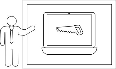 Çizgi sanatı, ekranda dikdörtgen şeklinde testereli bir dizüstü bilgisayar sunan kişiyi gösteriyor.