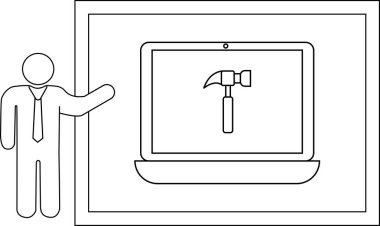 Bir kare tarafından çerçevelenmiş ekranda çekiç aracıyla bir dizüstü bilgisayar sunan kişinin çizgi çizimi