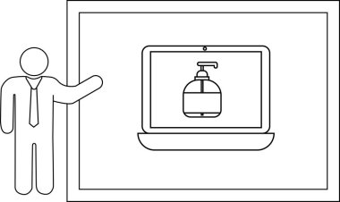 Bir dizüstü bilgisayar ekranında el dezenfektanı sunan birini tasvir ediyor. Hepsi dikdörtgen bir çerçeve içinde.