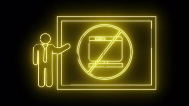 Üzerinde çapraz ekran monitör sembolü olan bir ekranın yanında parlayan sarı neon ışığı sunucusu