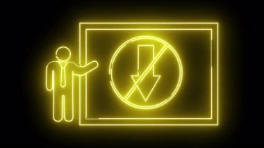 Aydınlatılmış sarı neon bir figür. Yasak bir yere doğru işaret eden bir ok. Siyah bir arka planda, kenardaki bir kutuda.