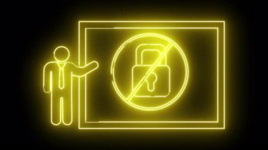 Siyah arkaplana karşı kilit olmayan bir sembol sunan neon sarısı figür