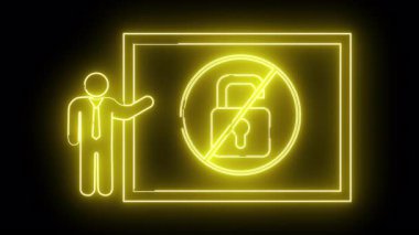 Neon sarısı grafikçi, açık bir kilide işaret ediyor ve kare arkaplanda siyahlara karşı grev yapıyor.