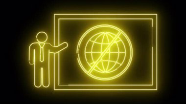 Neon sarı çubuk figürü siyah arkaplanda üzerinde çizgi olan bir küreyi gösteren bir ekrana işaret ediyor.