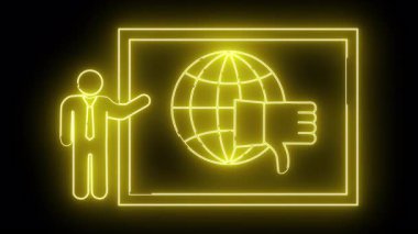 Bir neon sarı simge, ekranın içinde parmakları aşağıda bir küreye işaret eden bir kişiyi tasvir eder