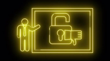 Parlayan neon bir şekil belirtir. Kilitli olmayan bir asma kilidi temsil eden karanlık bir zemin üzerinde başparmakları olan bir figür.