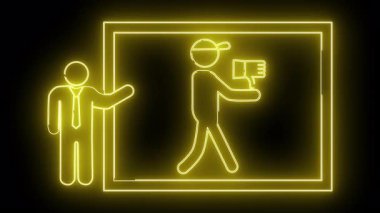 Parlak sarı neonstyle figürler, elinde kitap ve uygun bir figür olan birini gösterir.