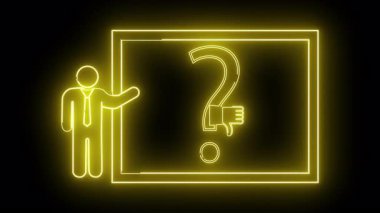 Neon sarı çubuk figürü siyah arkaplanda kare çerçeveli soru işaretine işaret ediyor