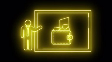 Neon sarısı ana hat, bir tabloda cüzdan sunan bir figür tasvir eder.