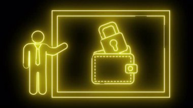 Parlak sarı çizgiler çerçevenin içinde asma kilit olan bir cüzdan sunan birini gösteriyor.