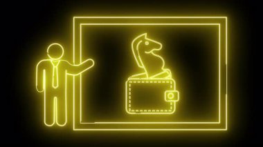 Aydınlatılmış neon çizgiler, bir satranç şövalyesi ile bir cüzdanın çerçeveli bir resmini sunan kişiyi gösteriyor.