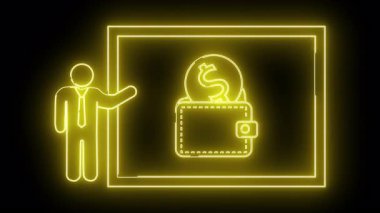 Neon bir kutu içinde bir cüzdan dolar para sunan bir kişinin ana hatlarını çizer