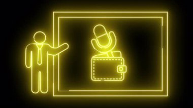 Neon ana hatları öğretim üyesi dikdörtgen bir çerçeve içinde bir mikrofon cüzdan ikonu işaret hepsi siyah bir arkaplan üzerinde parlayan sarı