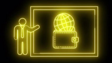 Dikdörtgen bir çerçeve içinde bir küre ile kaplı cüzdanın yanındaki sunucunun sarı neonstyle grafiği