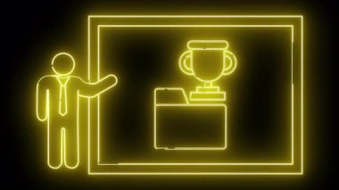 Parlayan sarı neon çizgisi, bir adamın bir kare kenarlıktaki bir dosya klasöründe koyu bir arka plana karşı bir kupa sunuşunu gösteriyor.