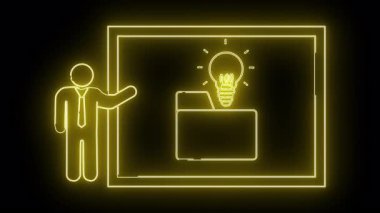 Siyah bir arkaplana karşı ekranda ampul olan bir klasörü sunan bir kişinin sarı neon çizgisi