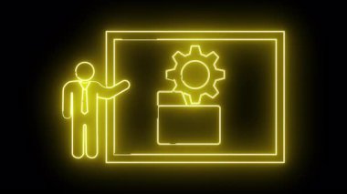 Neon resim, bir ekranın yanında dişli ve dizin simgelerine sahip bir adamı gösterir