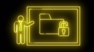 Sarı neon sanat tasviri, siyah bir arkaplanda açık bir kilitle bir klasöre doğru hareket eden bir adamı tasvir ediyor.